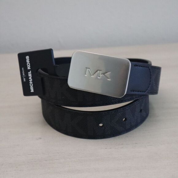 Michael Kors 86S3SBLY7B Men's Sz 36 Black MK Print - Silver MK Plaque Belt - Picture 7 of 9